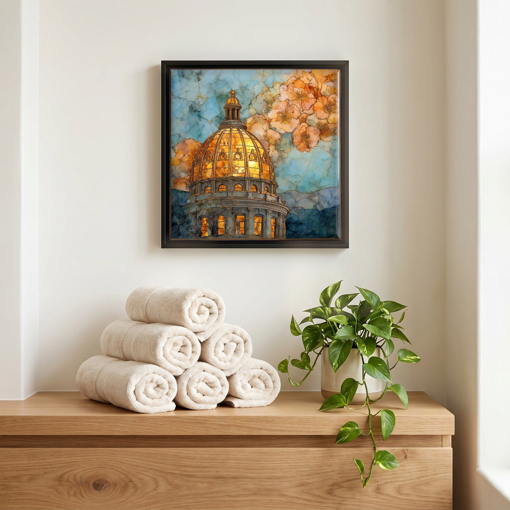 Above the linens, in a slim black surround.