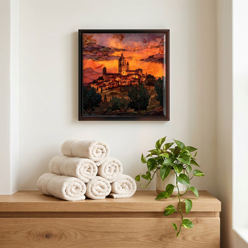 Above the linens, in a slim black surround.