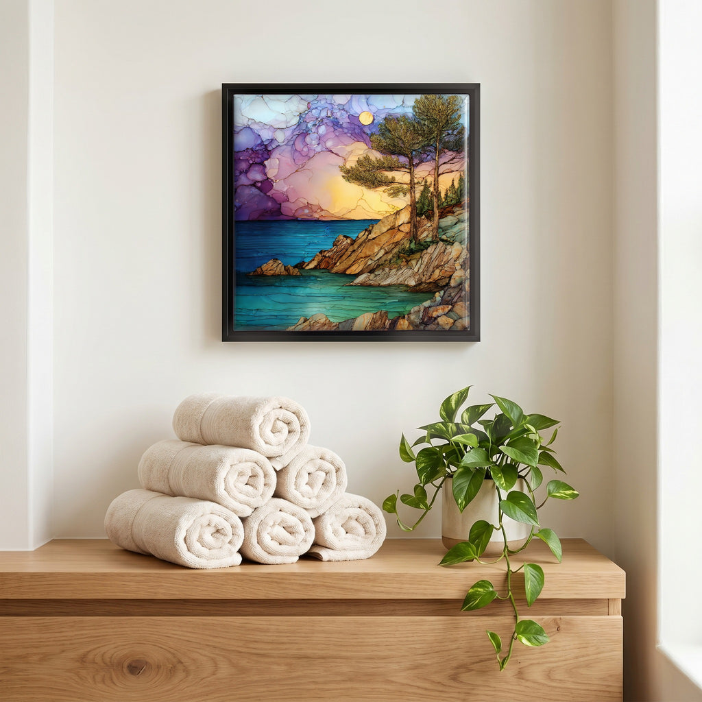 Above the linens, in a slim black surround.