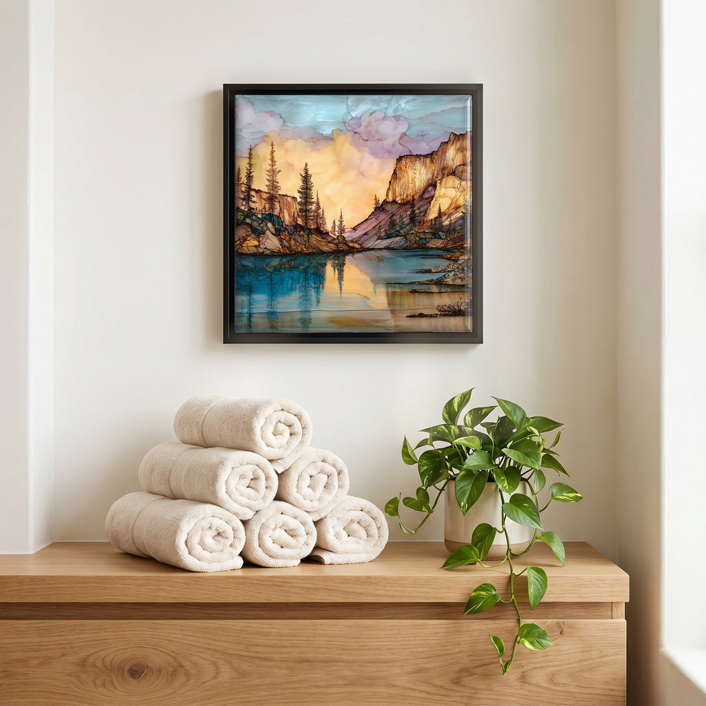 Above the linens, in a slim black surround.