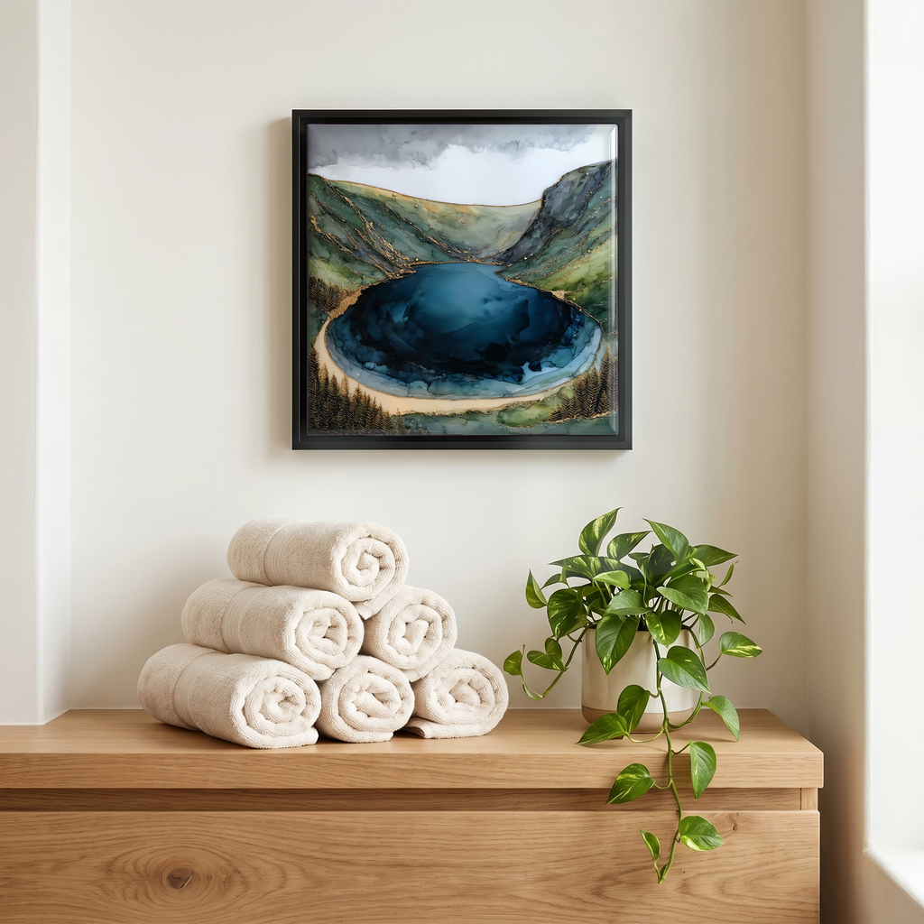 Above the linens, in a slim black surround.