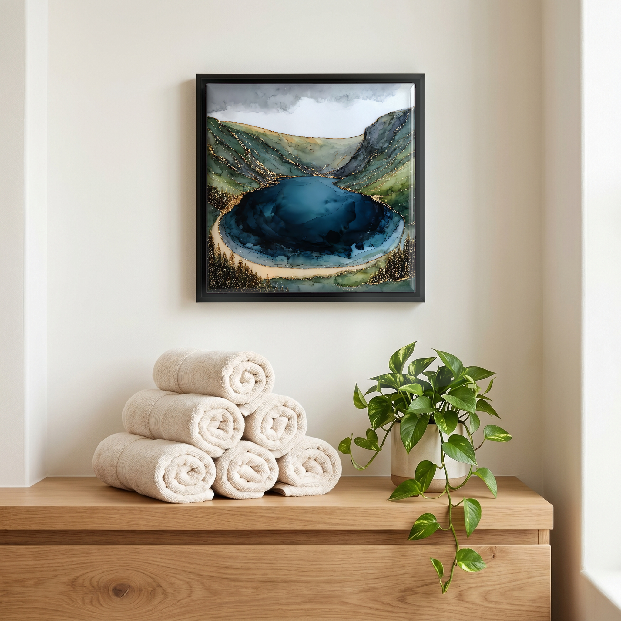 Above the linens, in a slim black surround.