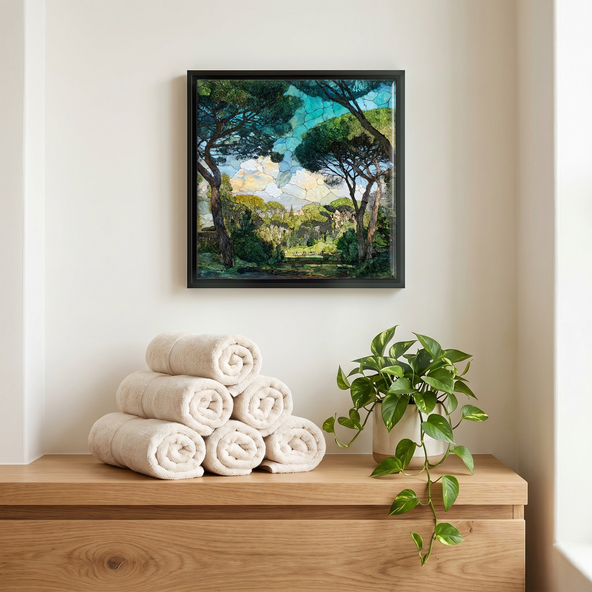 Above the linens, in a slim black surround.