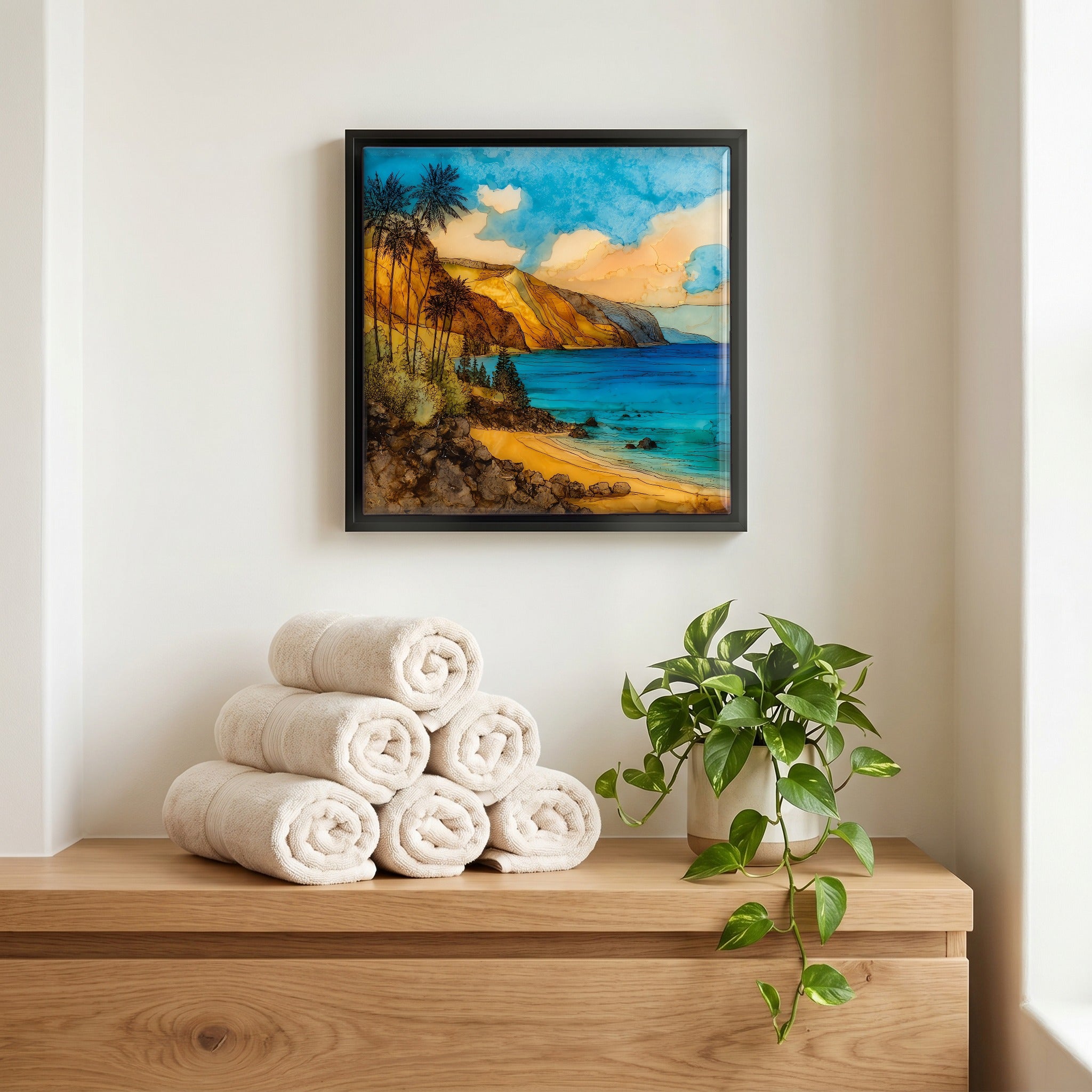 Above the linens, in a slim black surround.