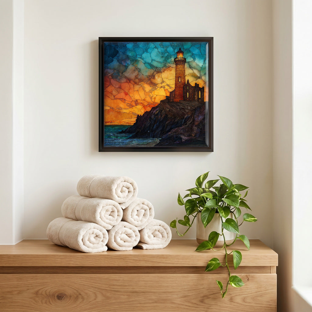 Above the linens, in a slim black surround.