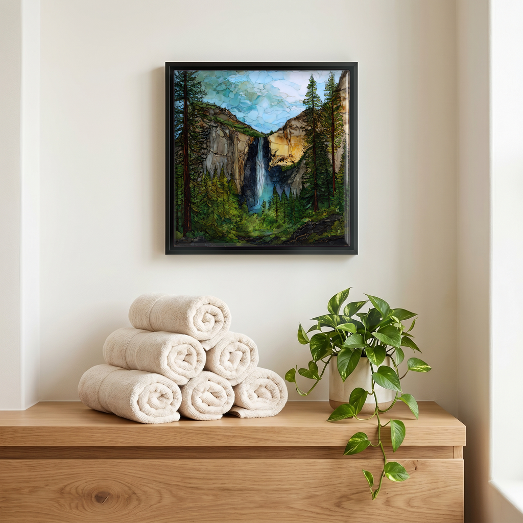 Above the linens, in a slim black surround.