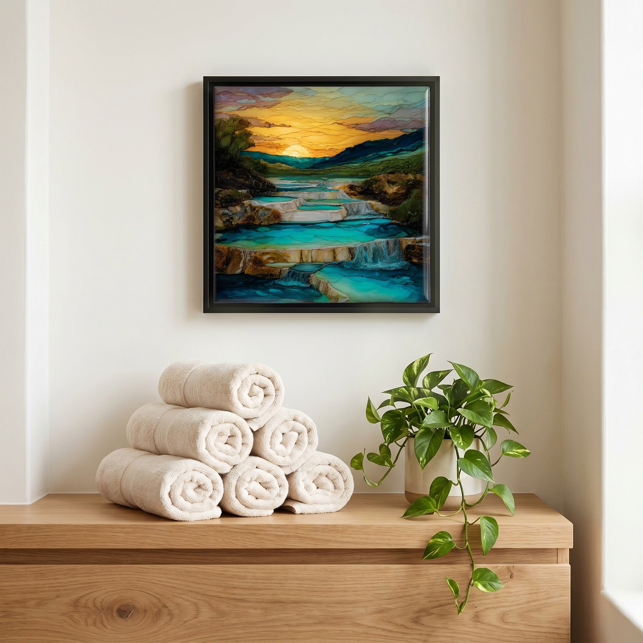 Above the linens, in a slim black surround.
