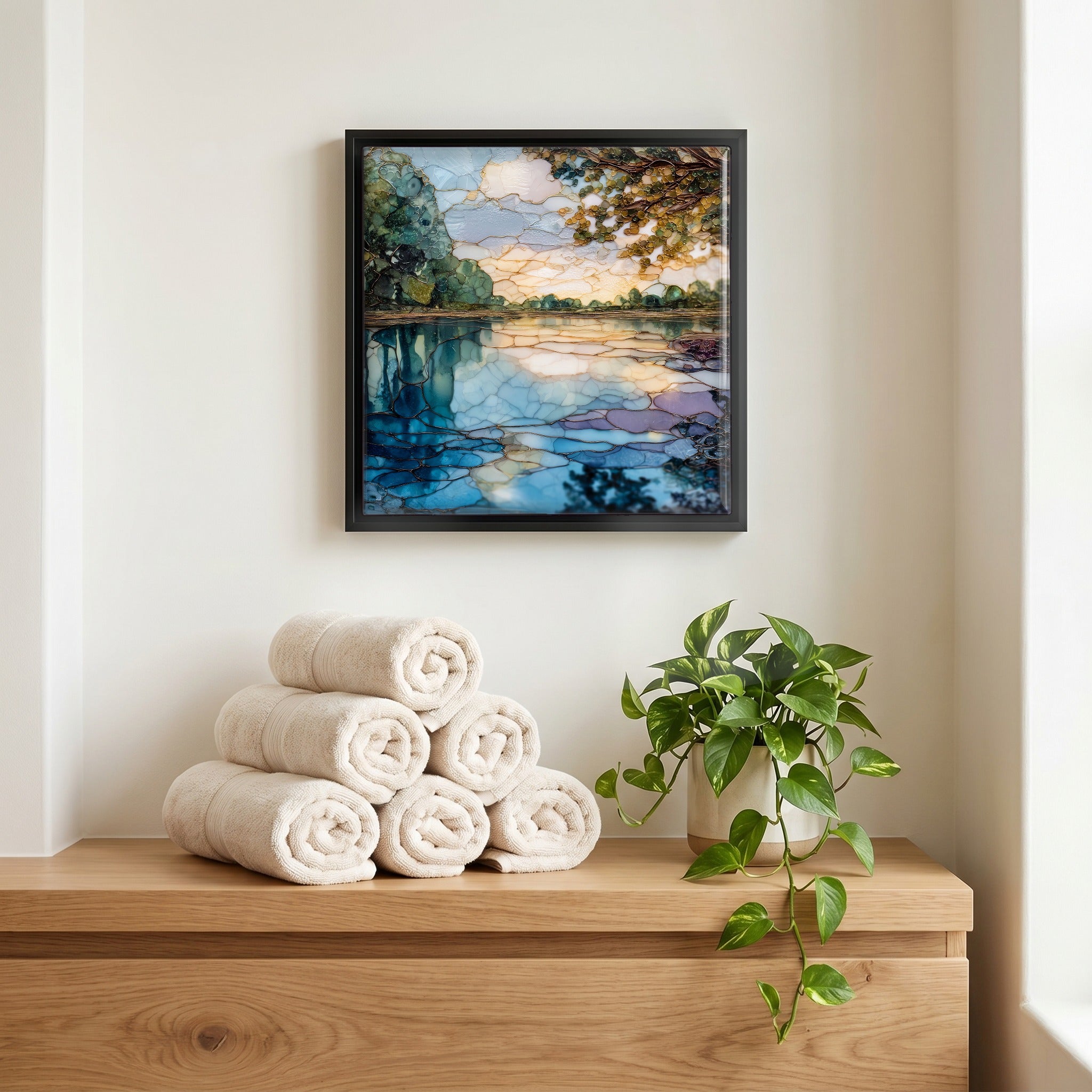 Above the linens, in a slim black surround.