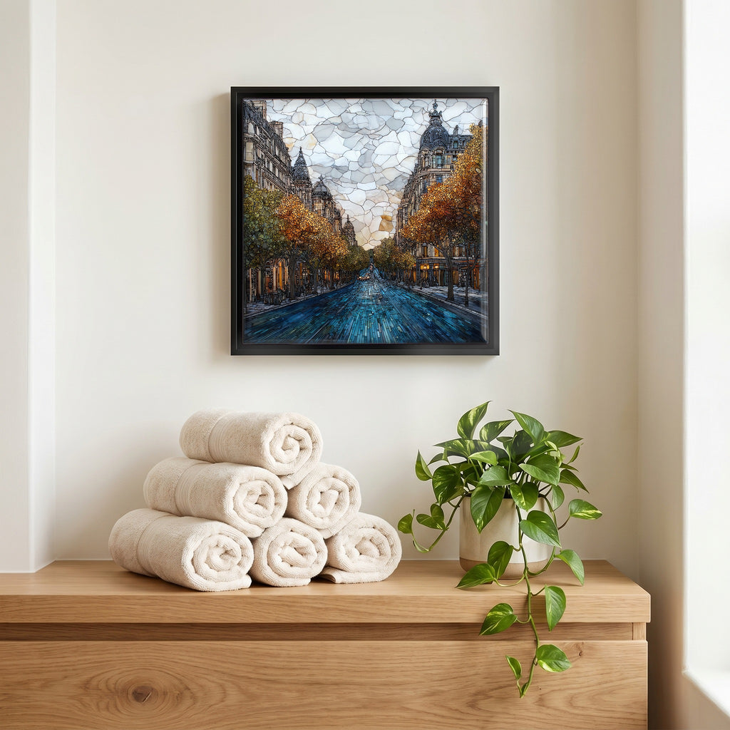 Above the linens, in a slim black surround.