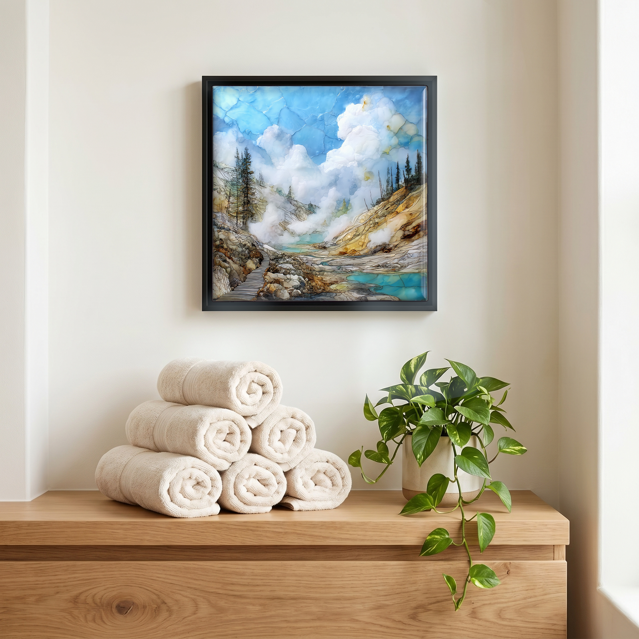 Above the linens, in a slim black surround.