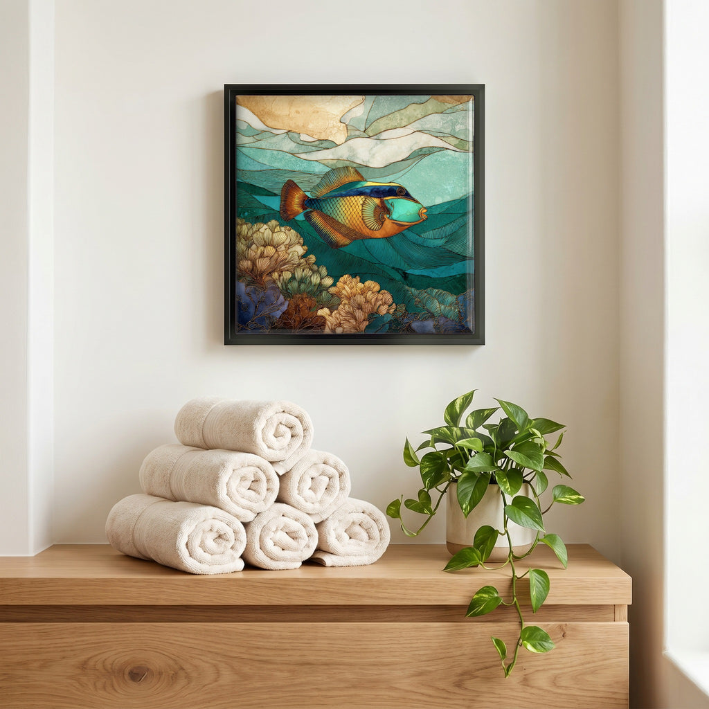 Above the linens, in a slim black surround.
