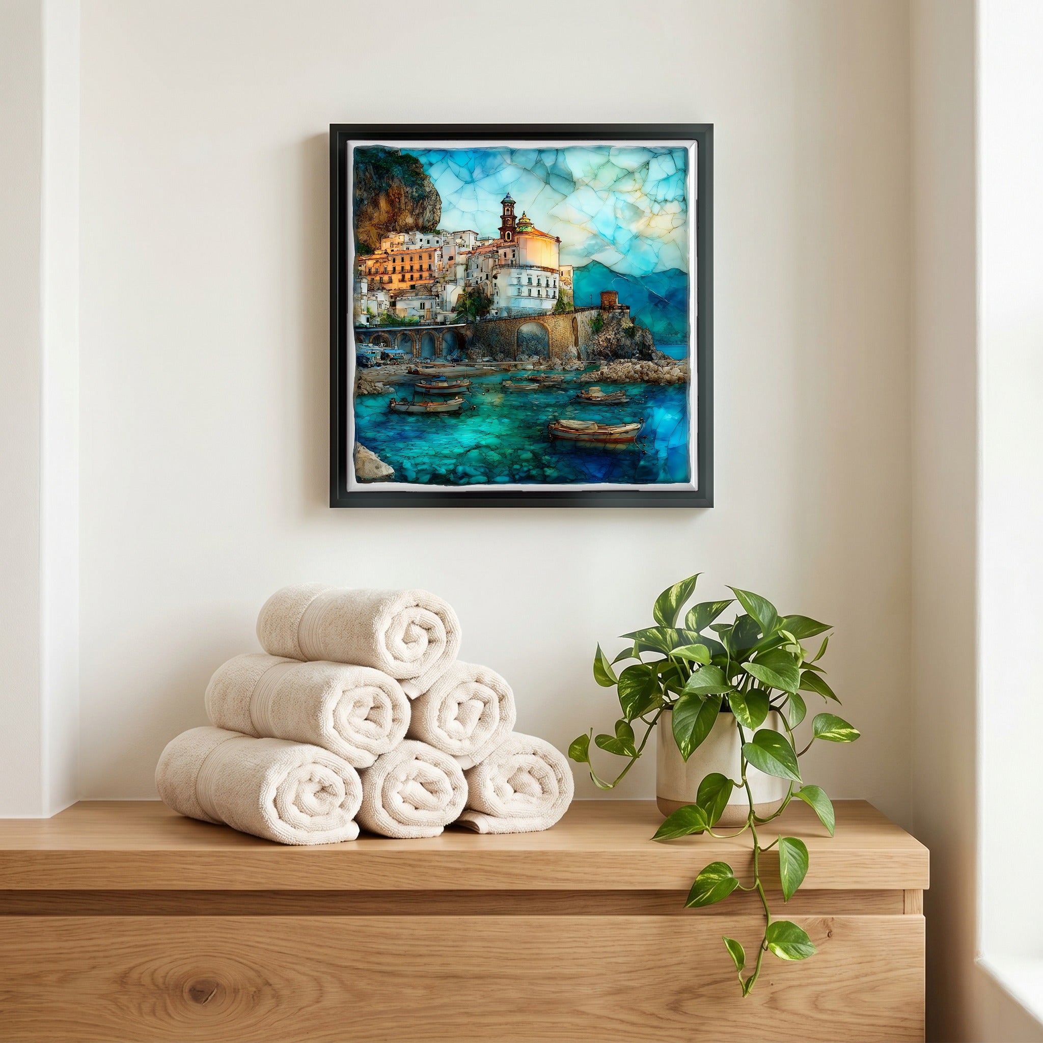 Above the linens, in a slim black surround.