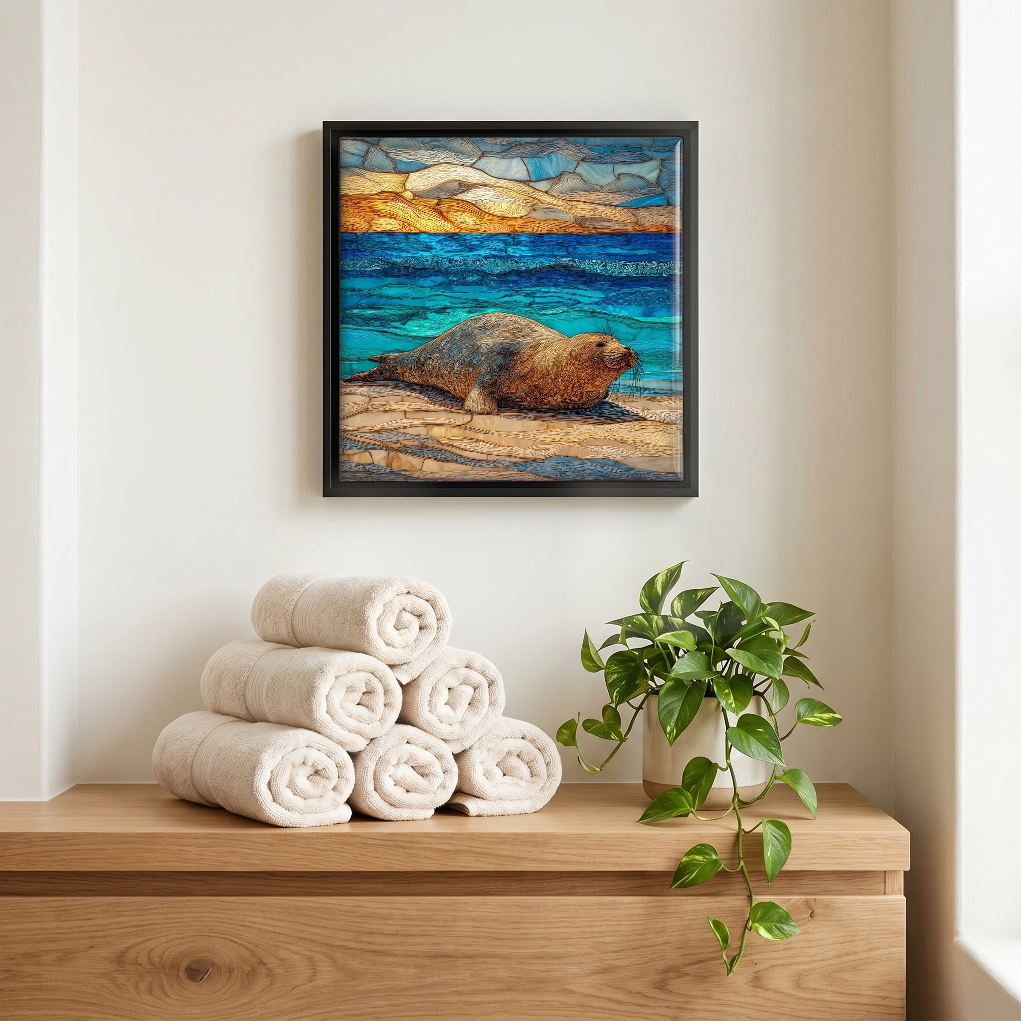 Above the linens, in a slim black surround.