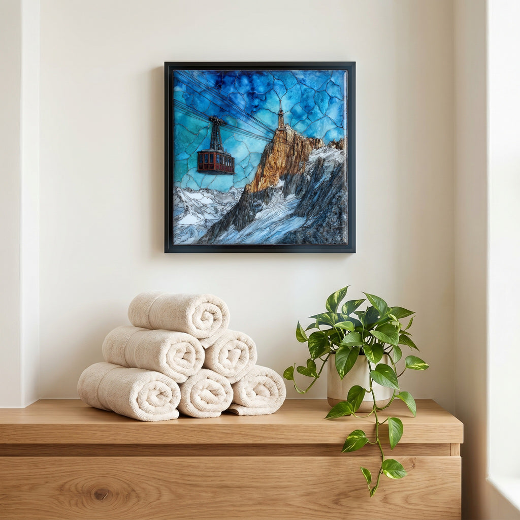 Above the linens, in a slim black surround.