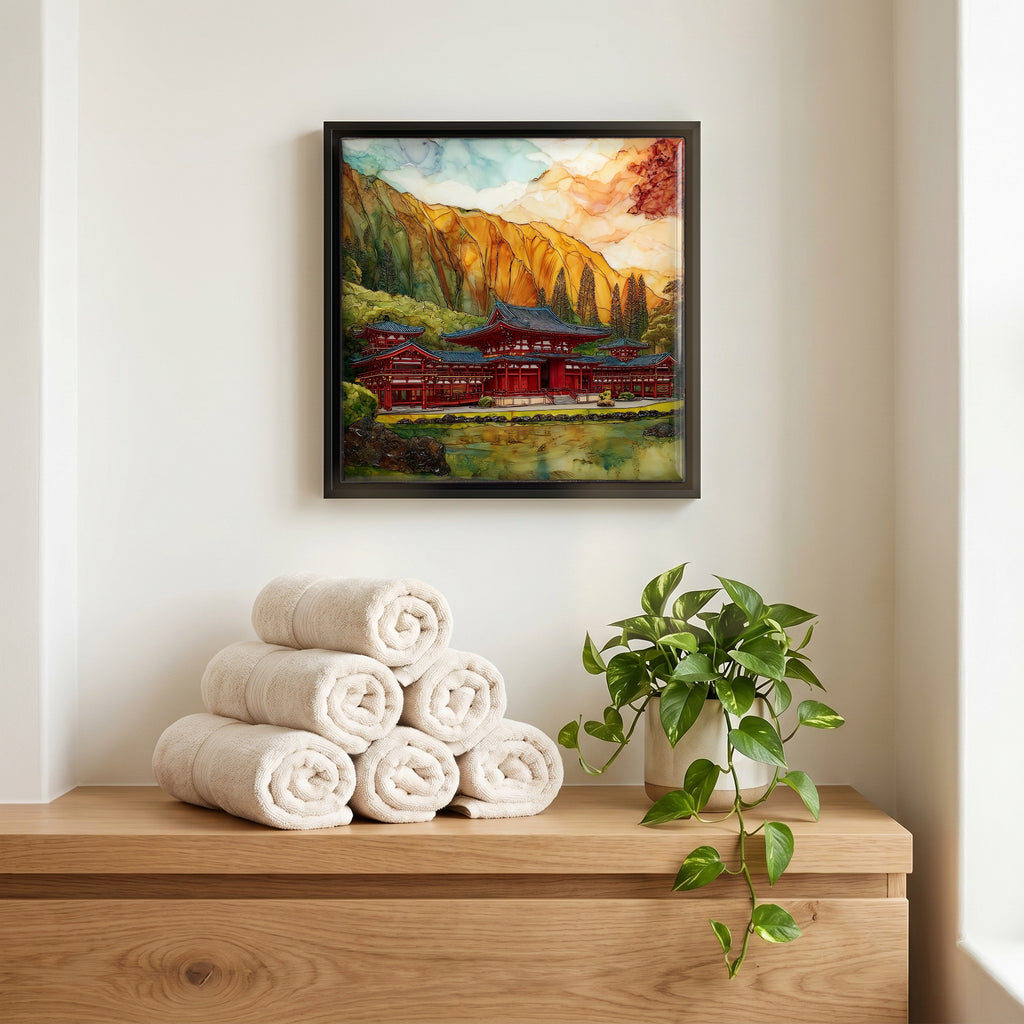 Above the linens, in a slim black surround.