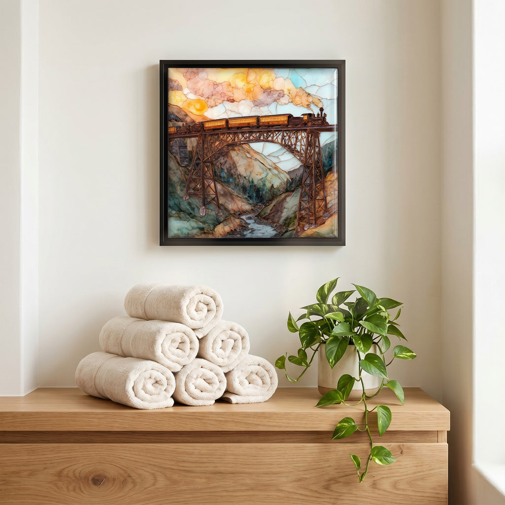 Above the linens, in a slim black surround.