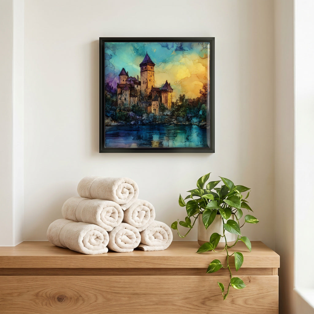 Above the linens, in a slim black surround.