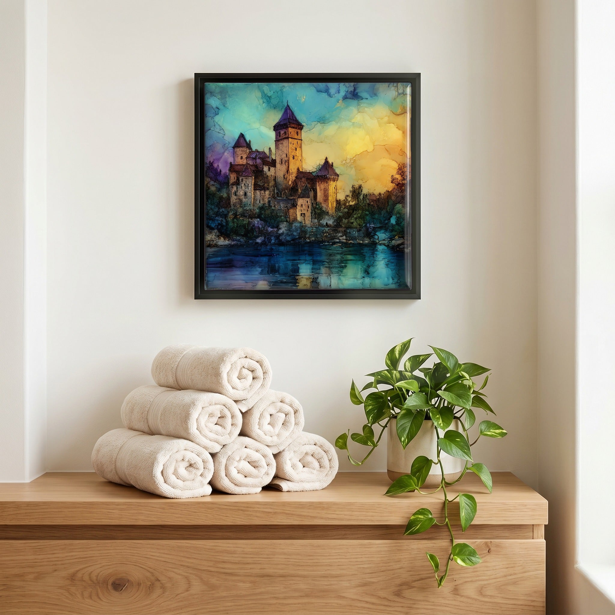 Above the linens, in a slim black surround.