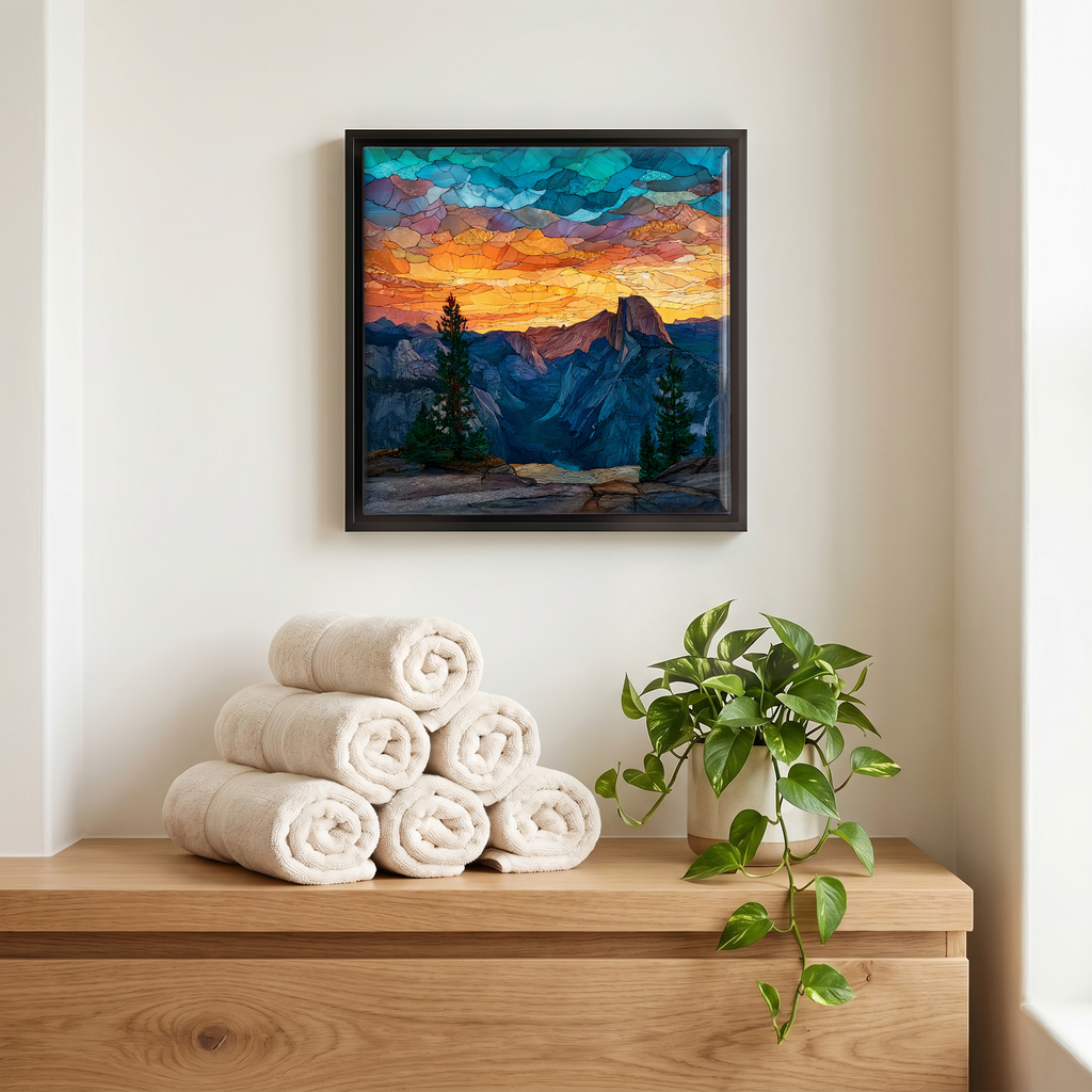 Above the linens, in a slim black surround.