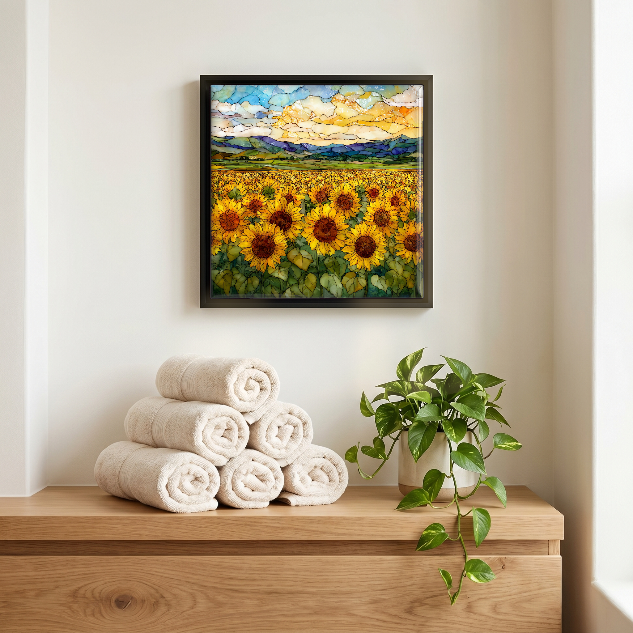 Above the linens, in a slim black surround.