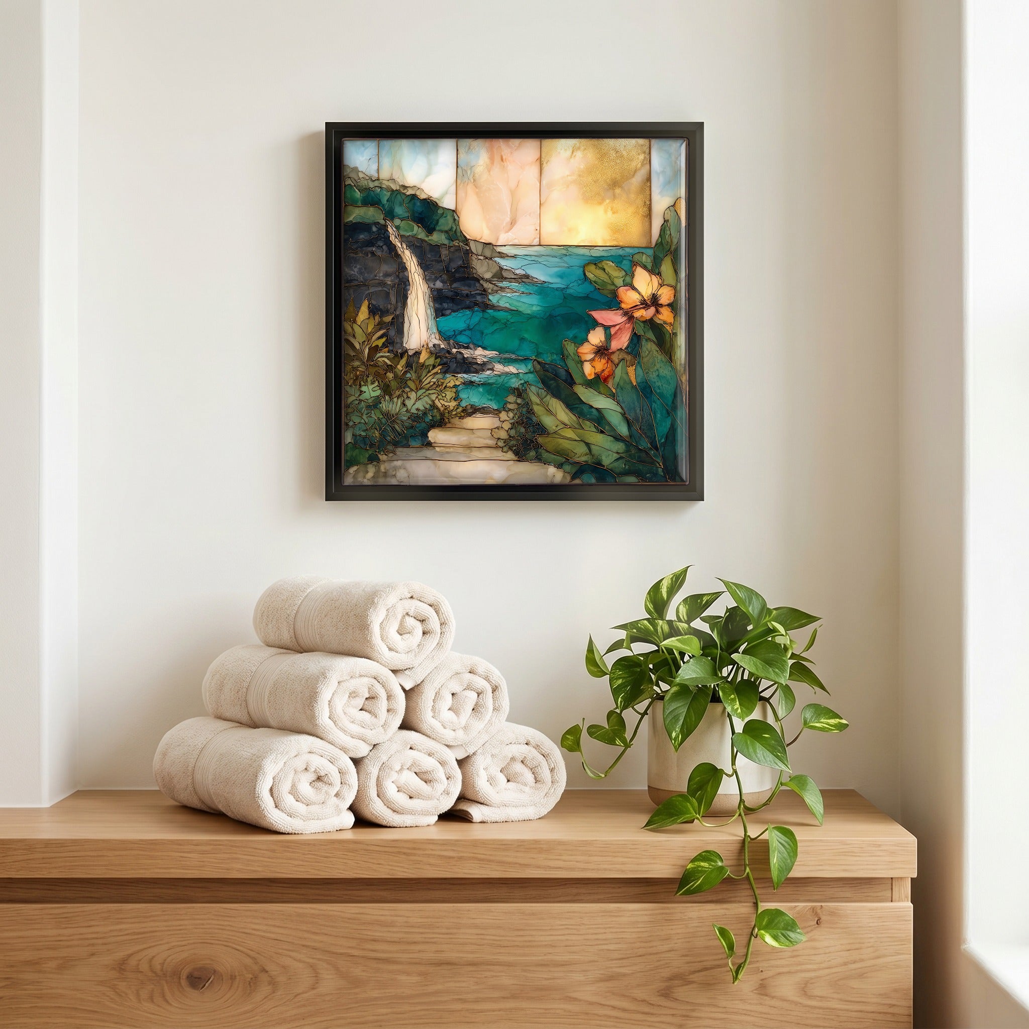Above the linens, in a slim black surround.