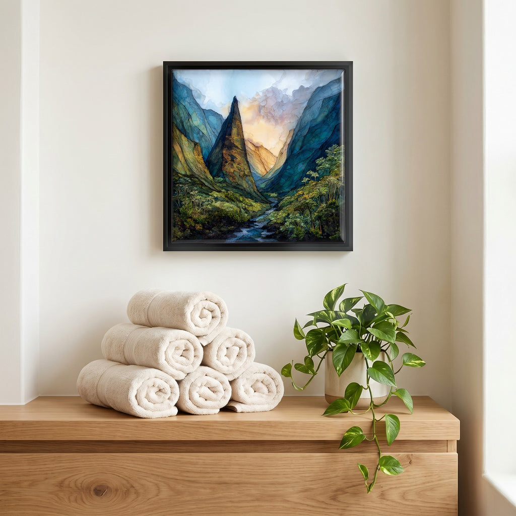 Above the linens, in a slim black surround.
