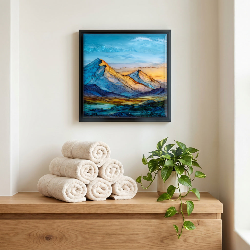 Above the linens, in a slim black surround.