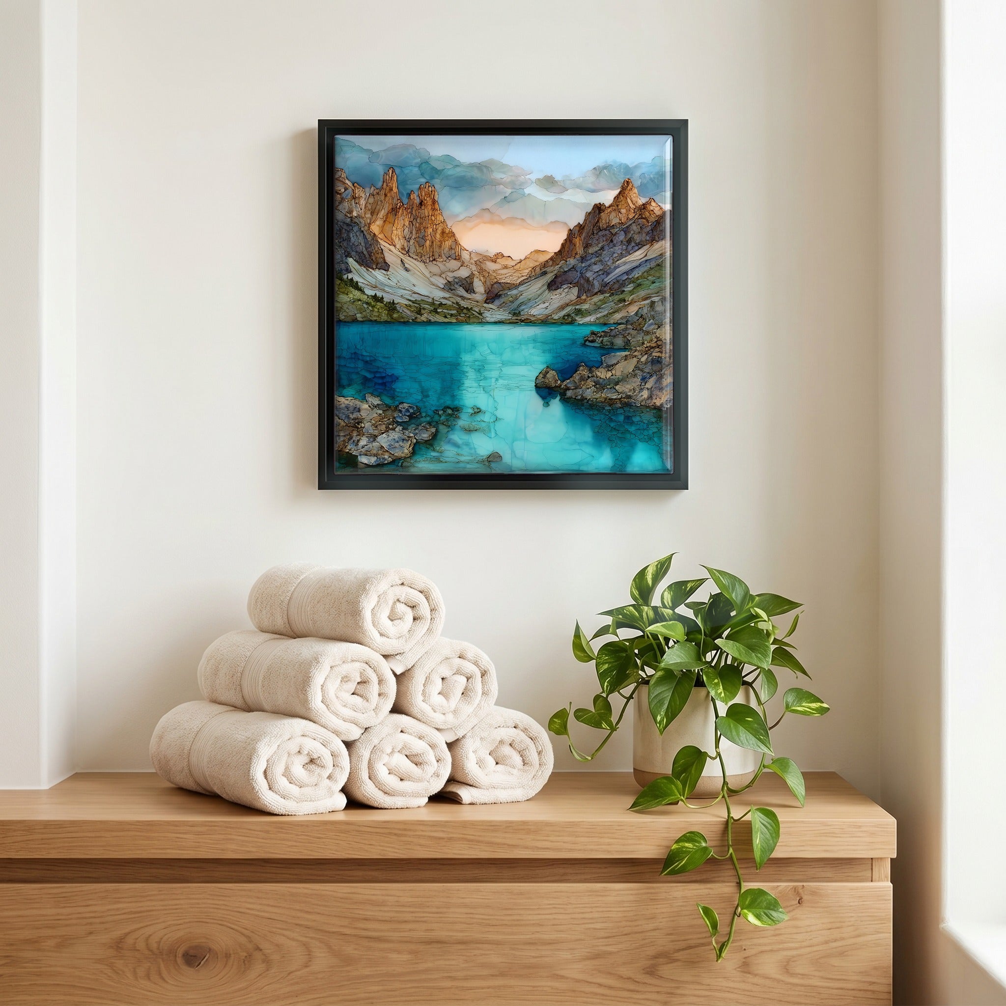 Above the linens, in a slim black surround.