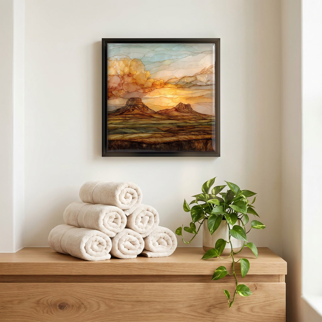 Above the linens, in a slim black surround.