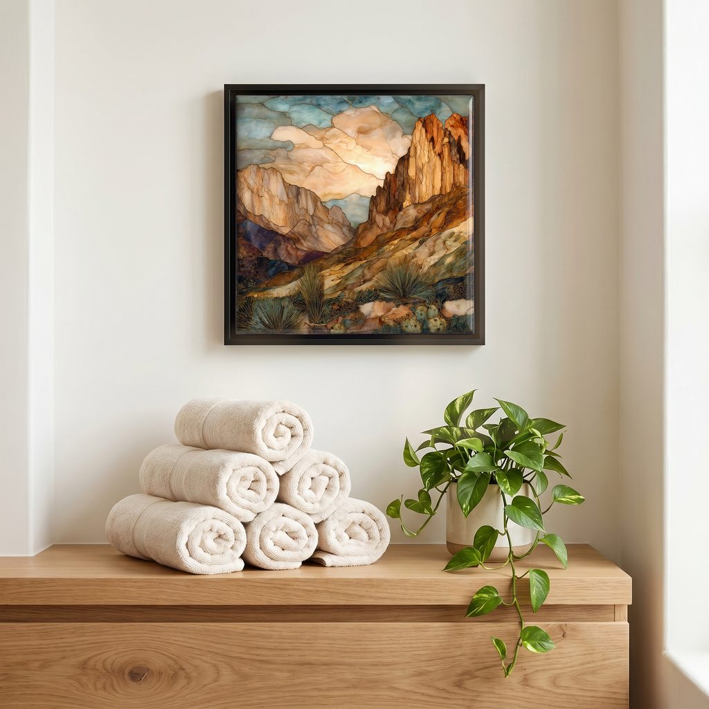 Above the linens, in a slim black surround.