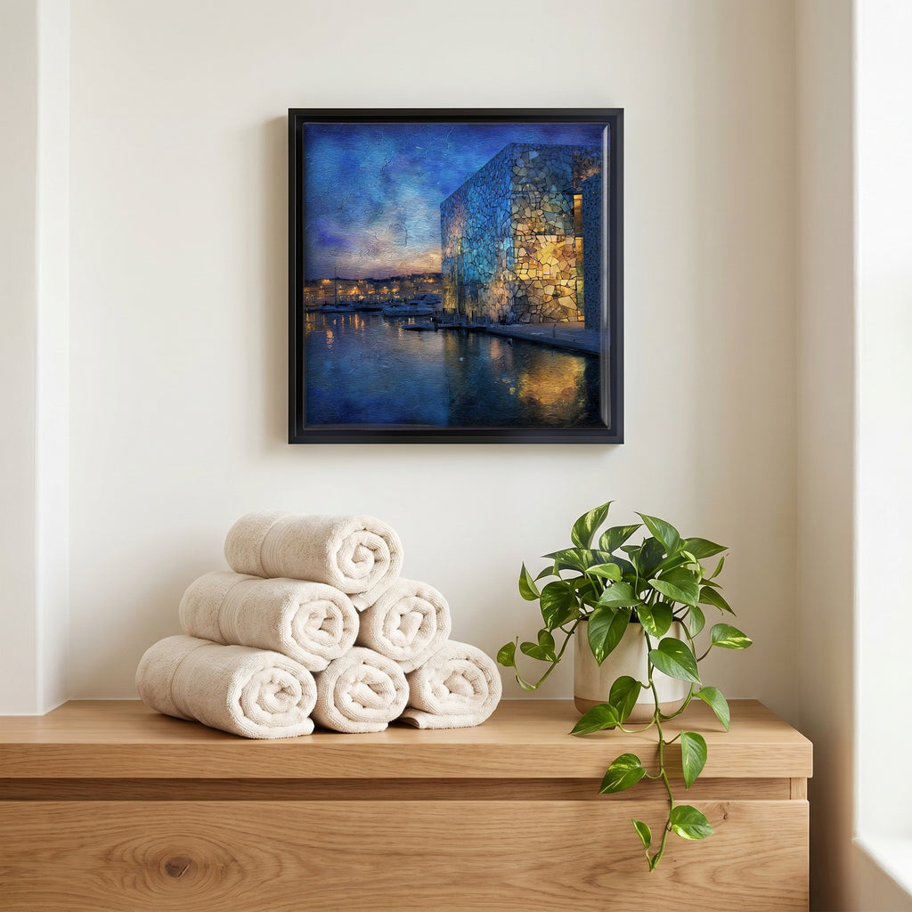 Above the linens, in a slim black surround.