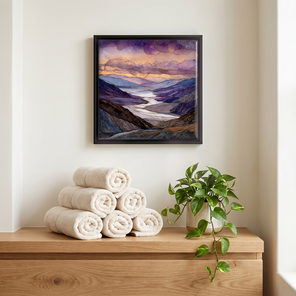 Above the linens, in a slim black surround.