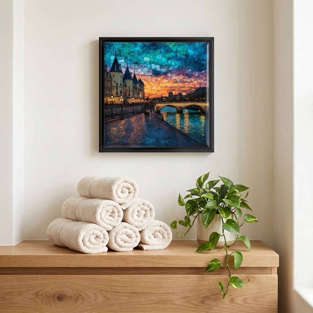 Above the linens, in a slim black surround.