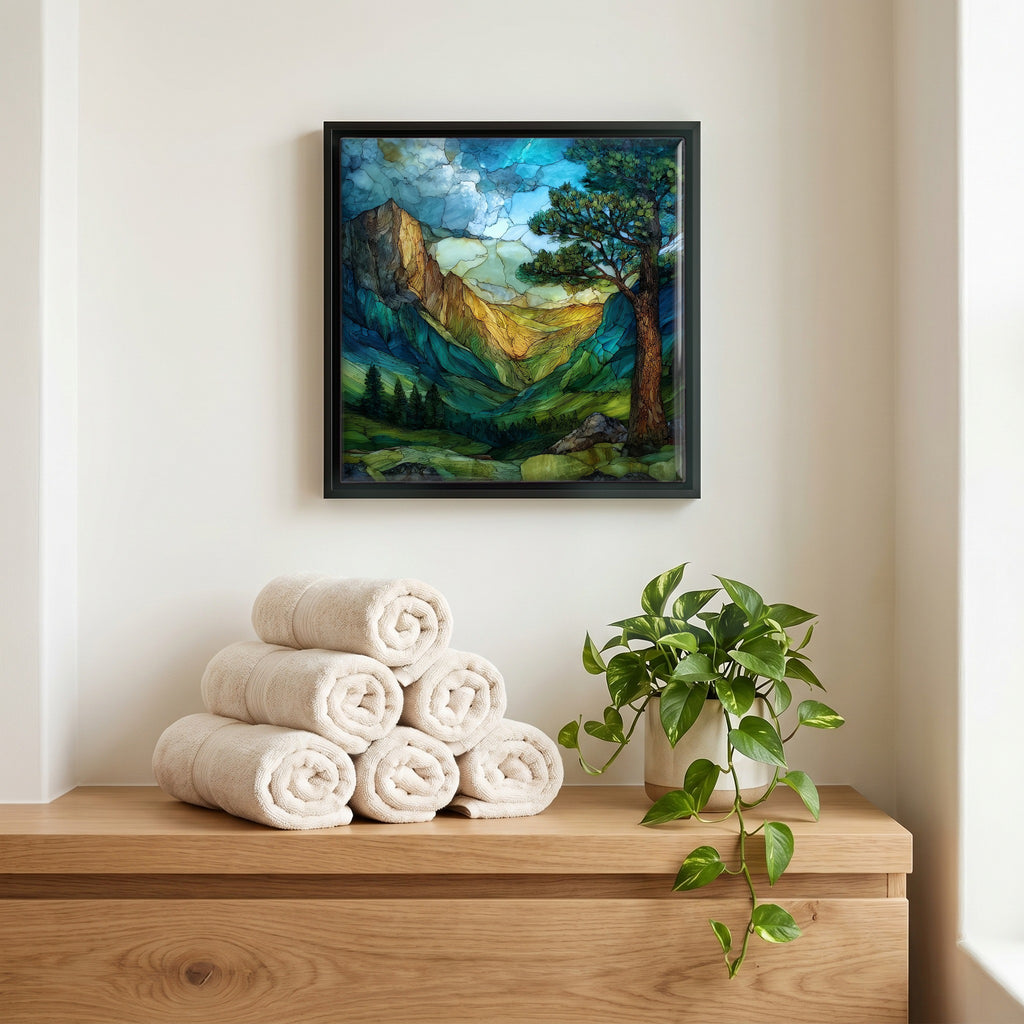 Above the linens, in a slim black surround.