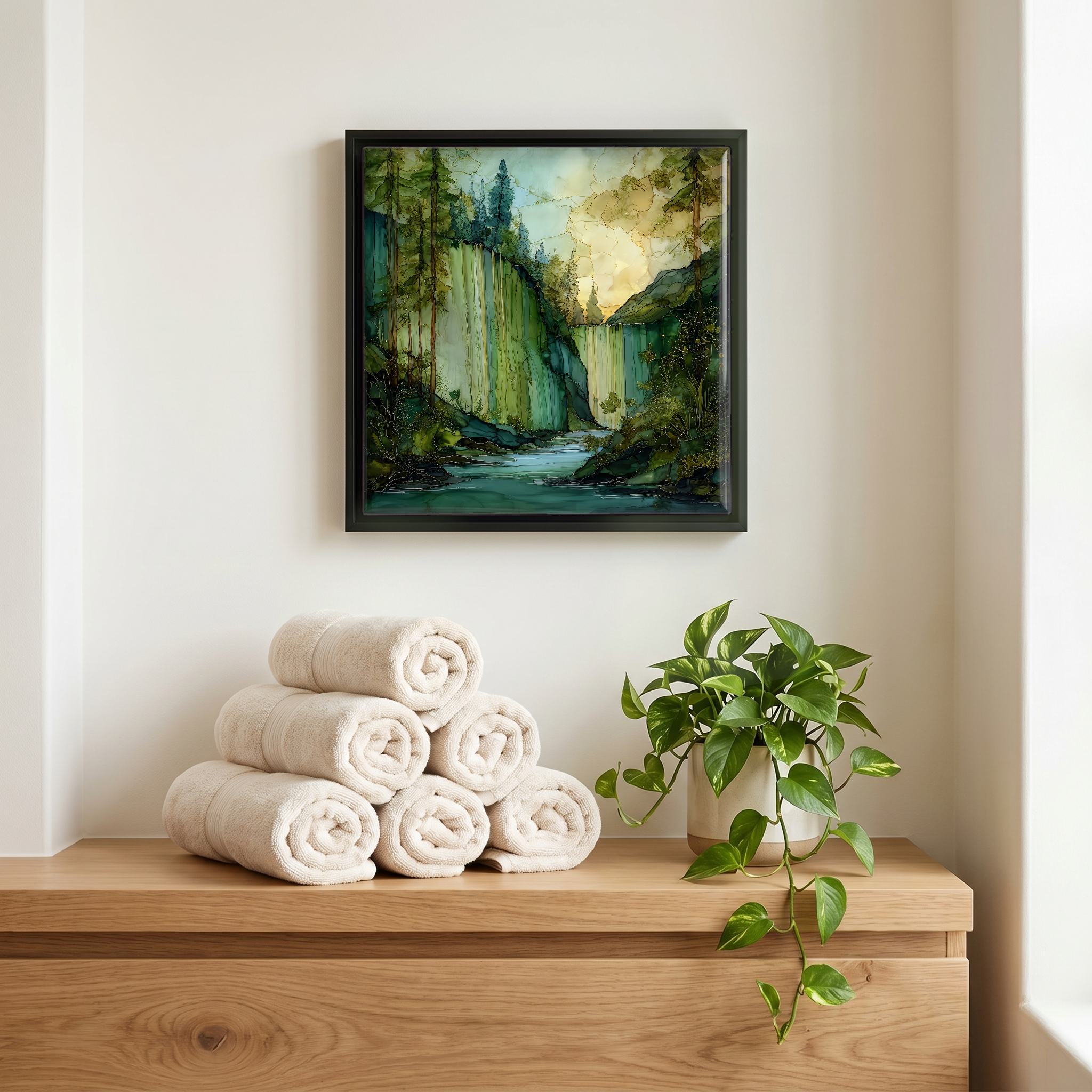 Above the linens, in a slim black surround.