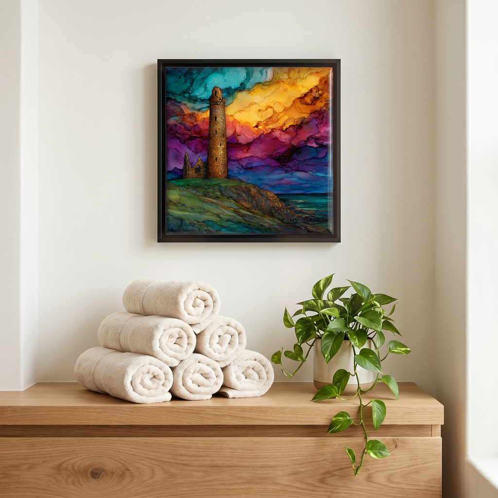 Above the linens, in a slim black surround.