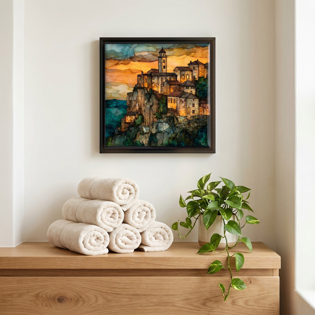 Above the linens, in a slim black surround.