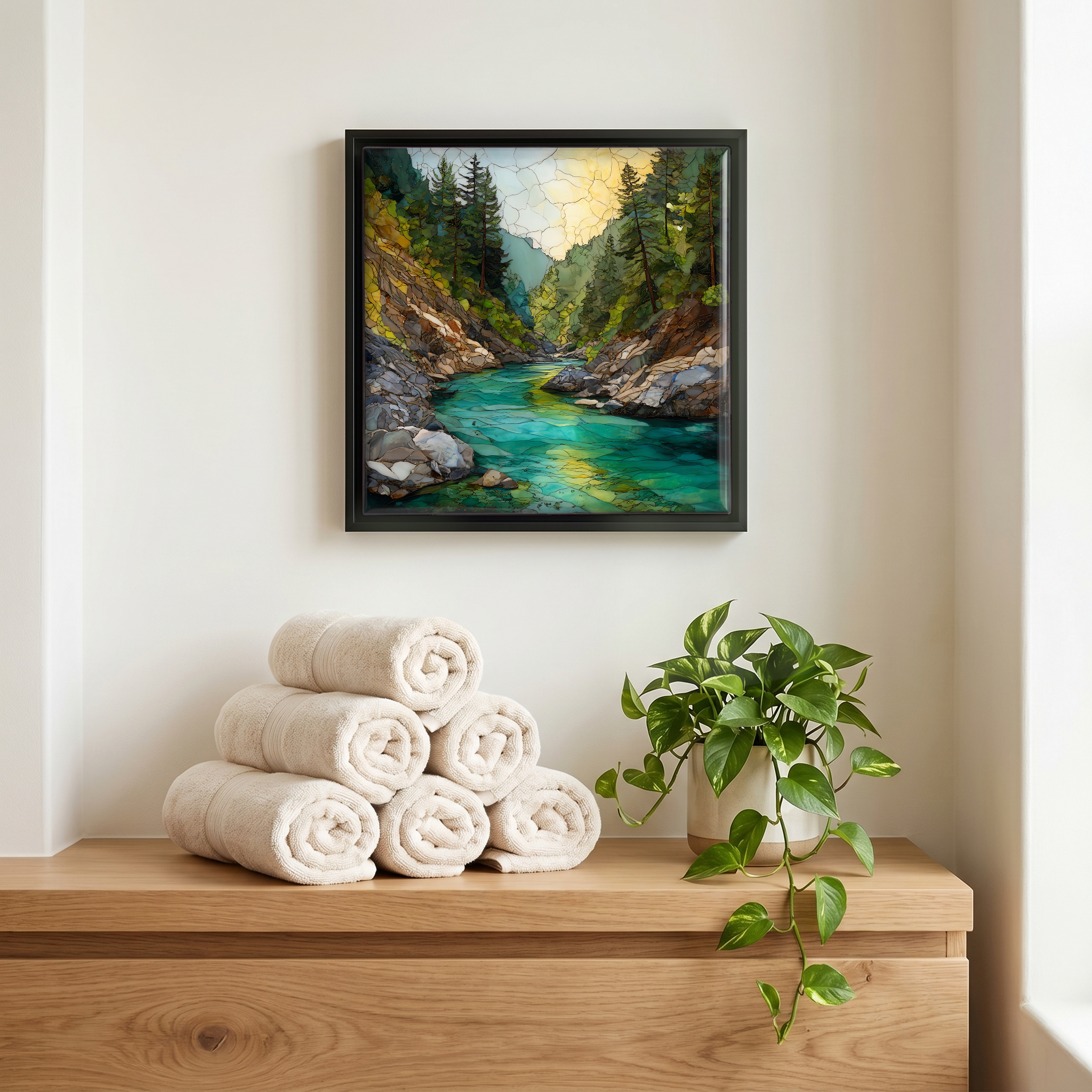 Above the linens, in a slim black surround.