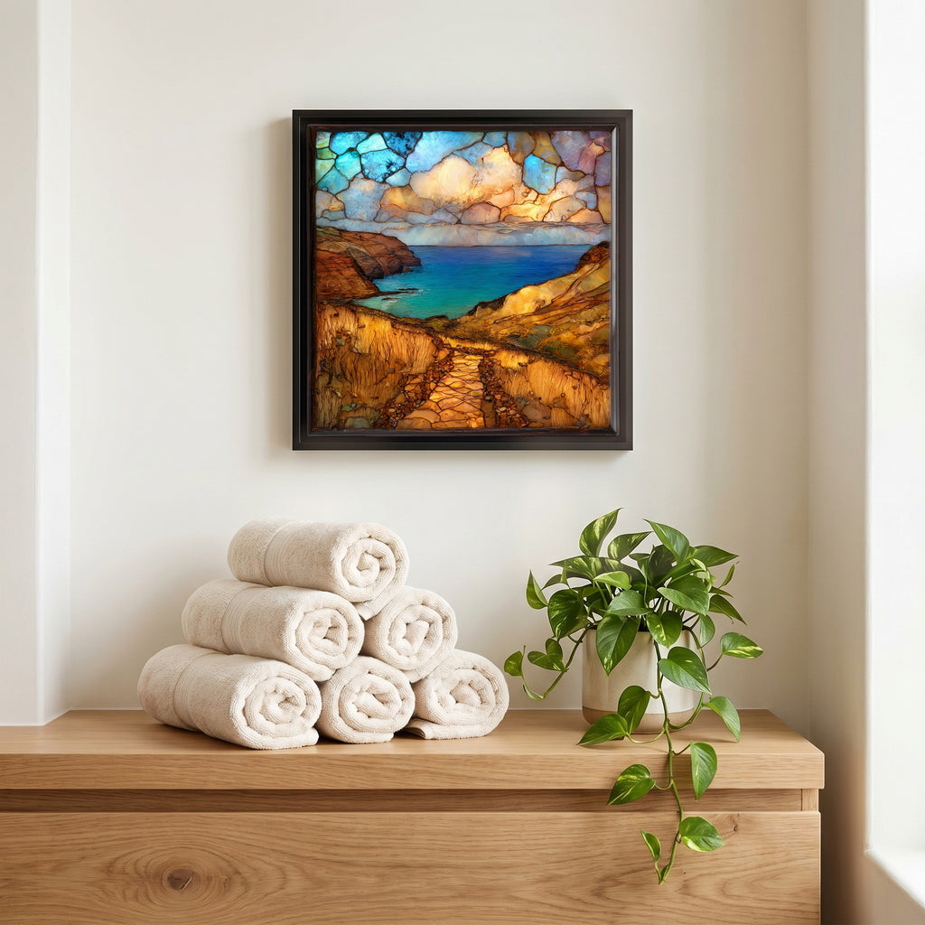 Above the linens, in a slim black surround.