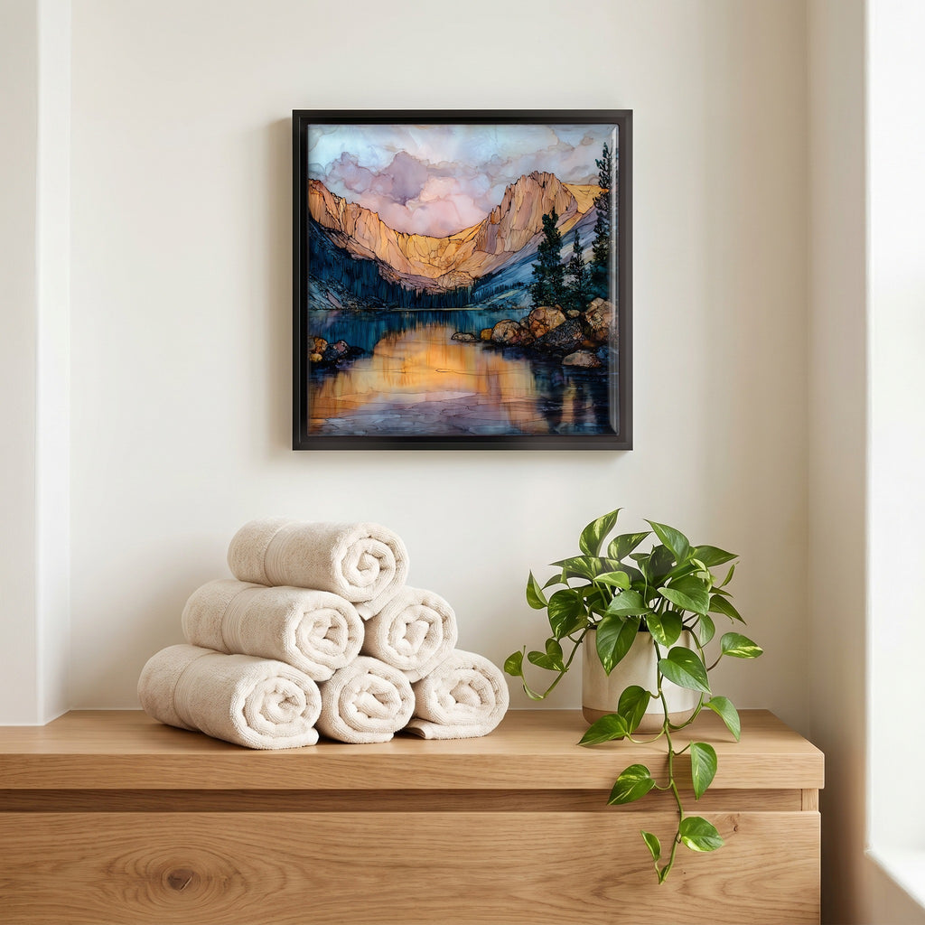Above the linens, in a slim black surround.