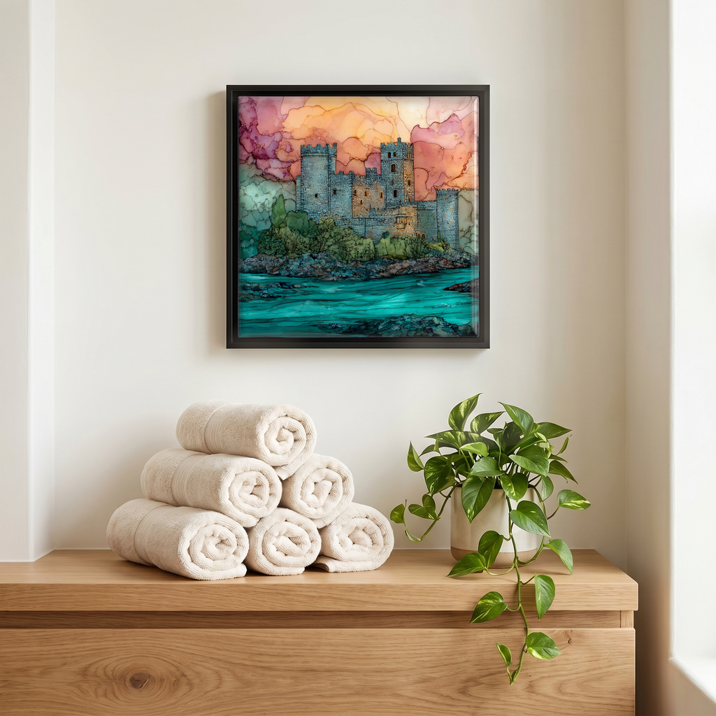Above the linens, in a slim black surround.