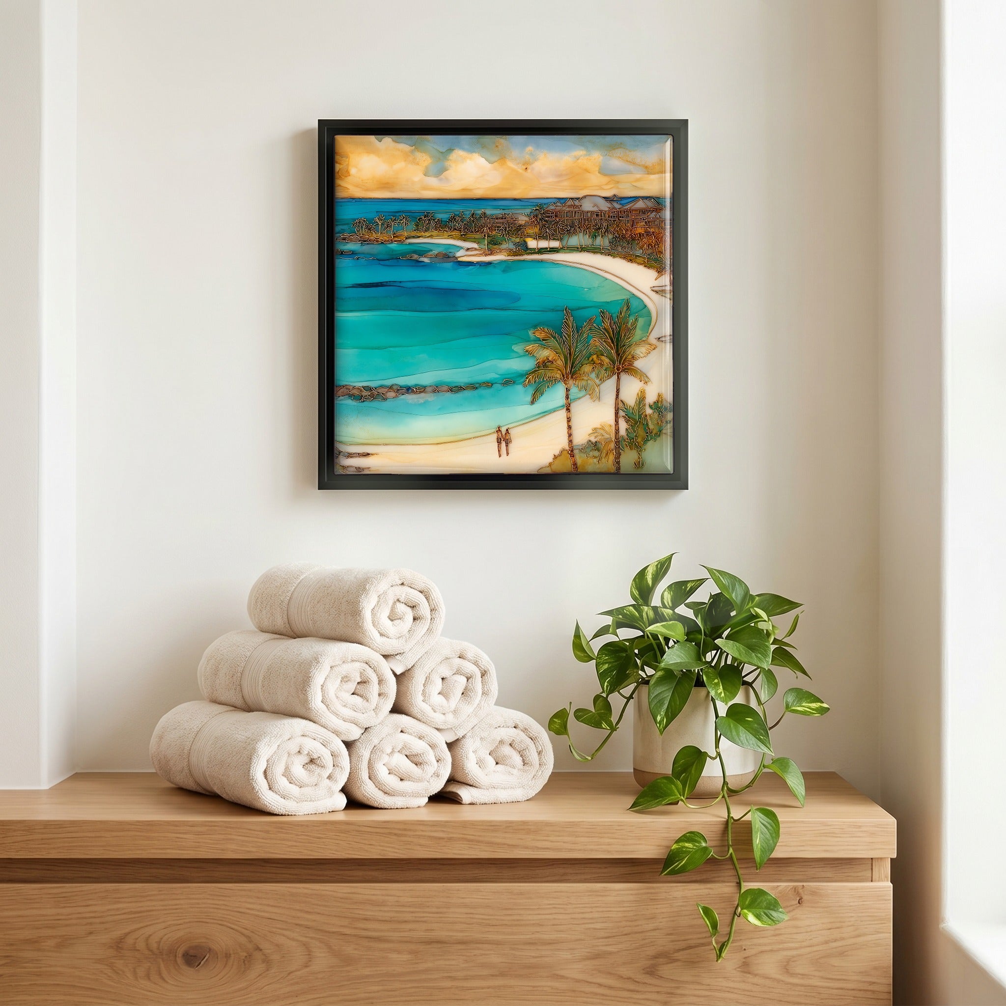 Above the linens, in a slim black surround.