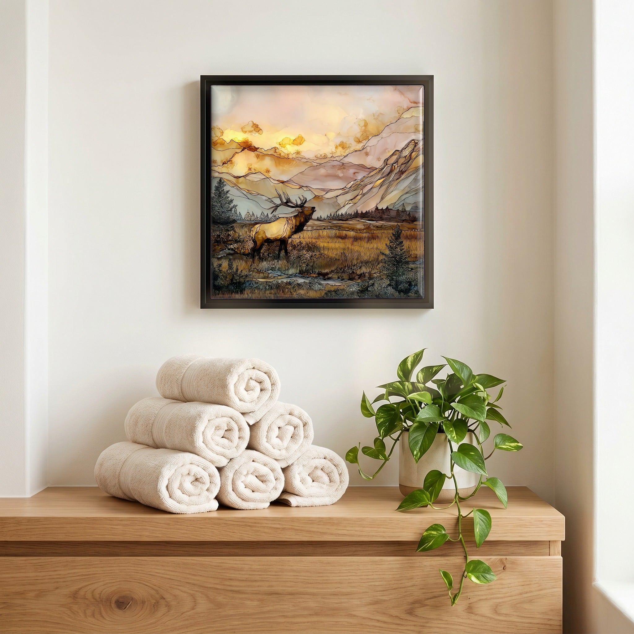 Above the linens, in a slim black surround.