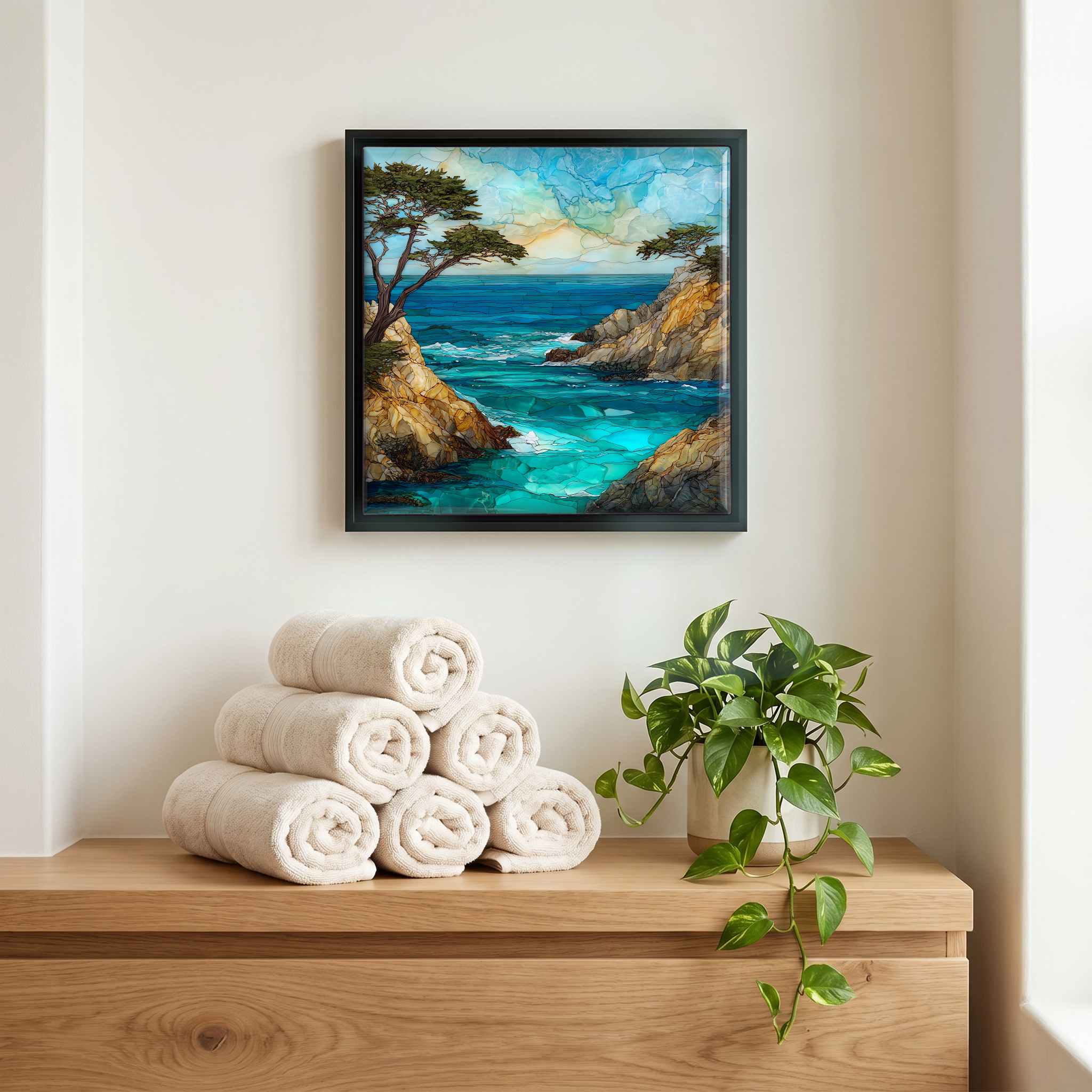 Above the linens, in a slim black surround.