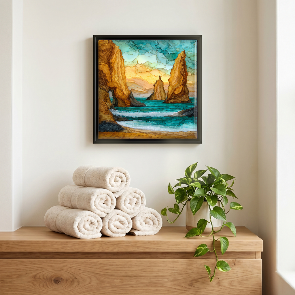 Above the linens, in a slim black surround.