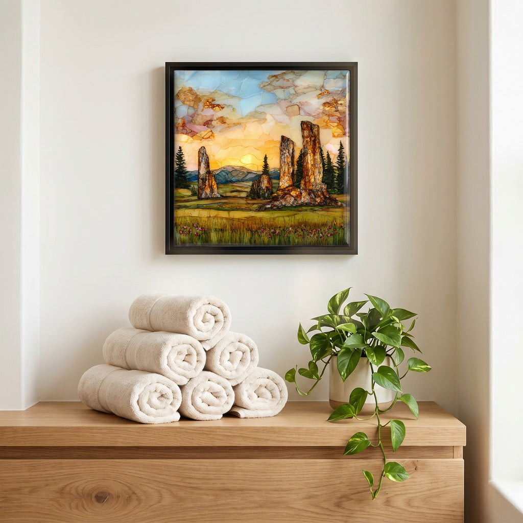 Above the linens, in a slim black surround.