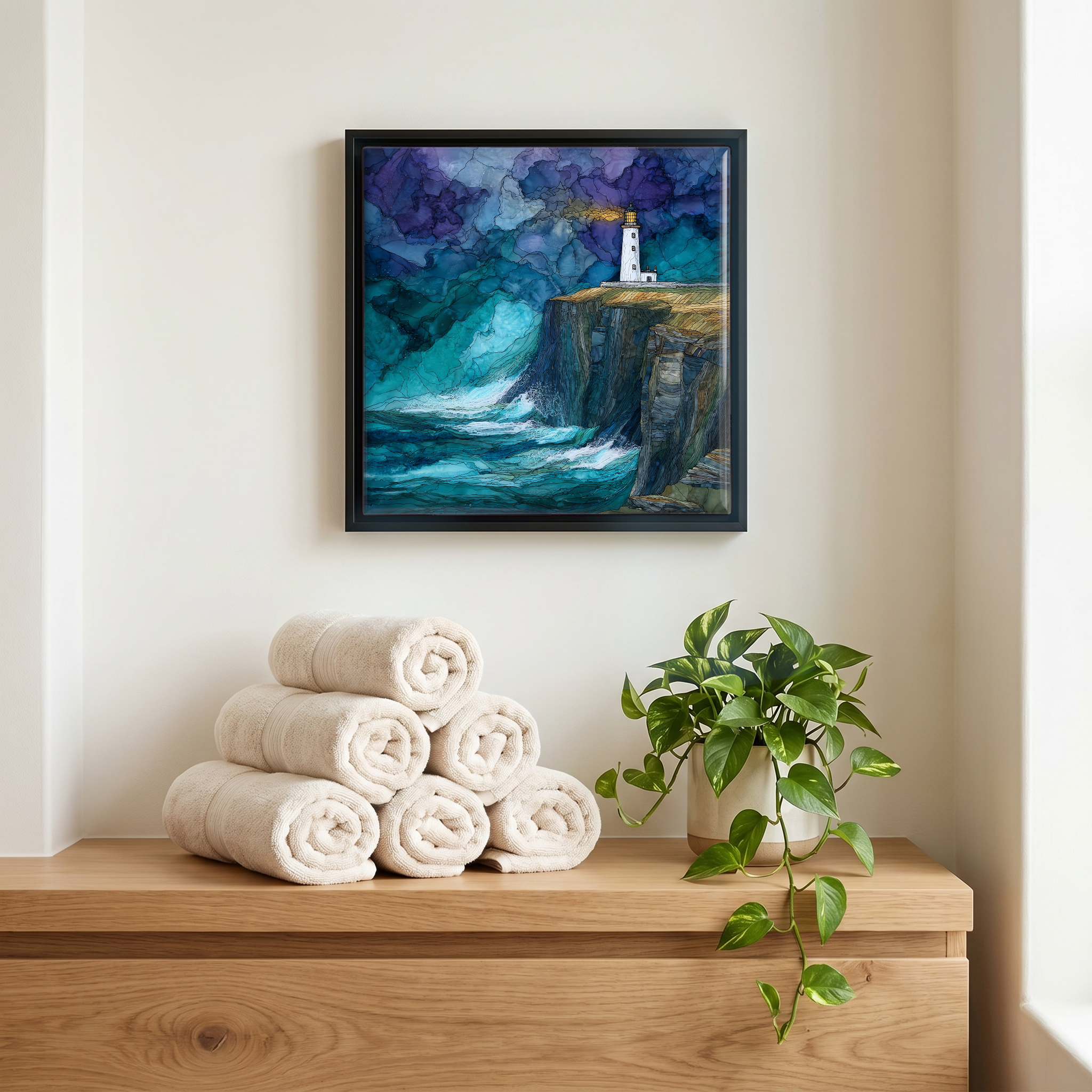 Above the linens, in a slim black surround.