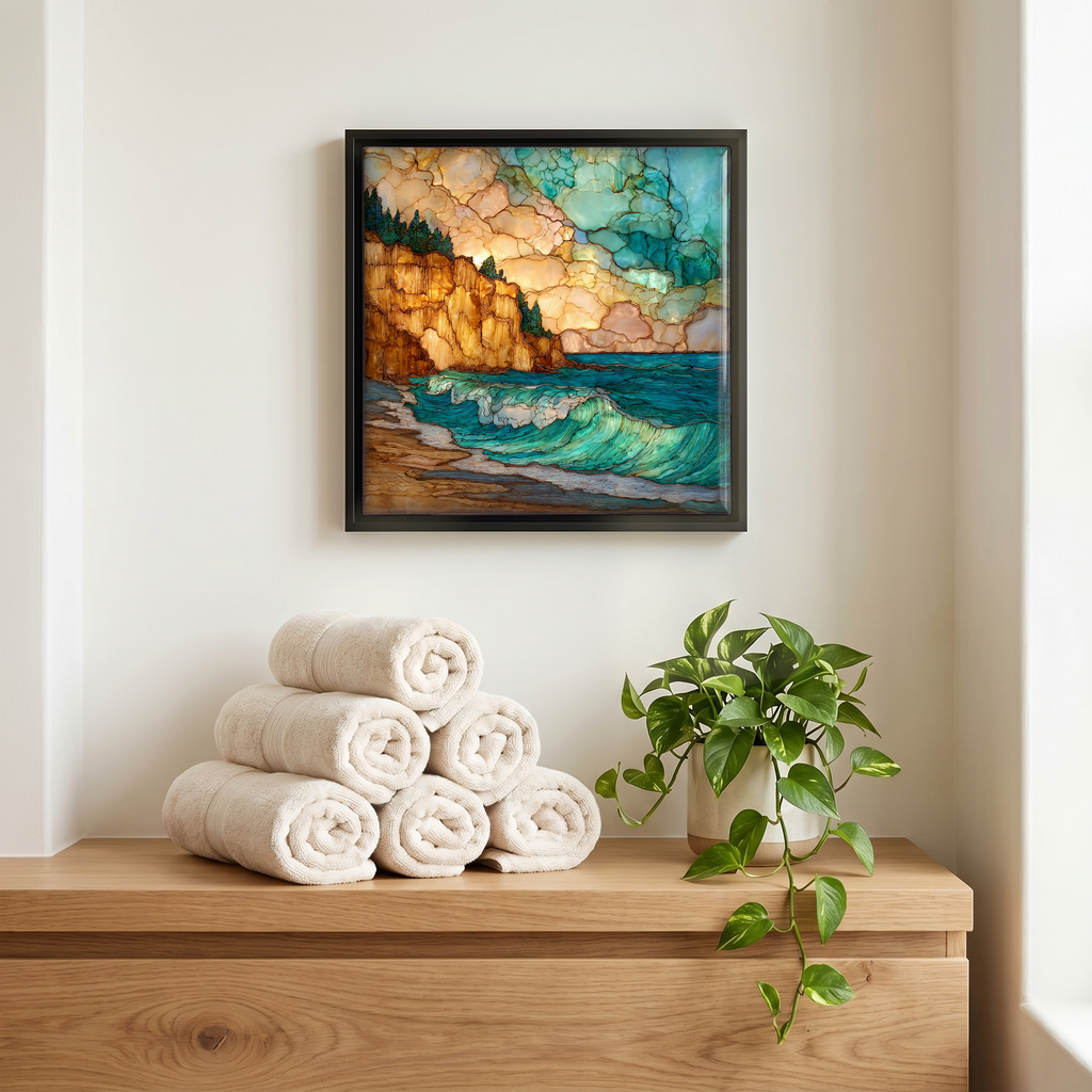 Above the linens, in a slim black surround.