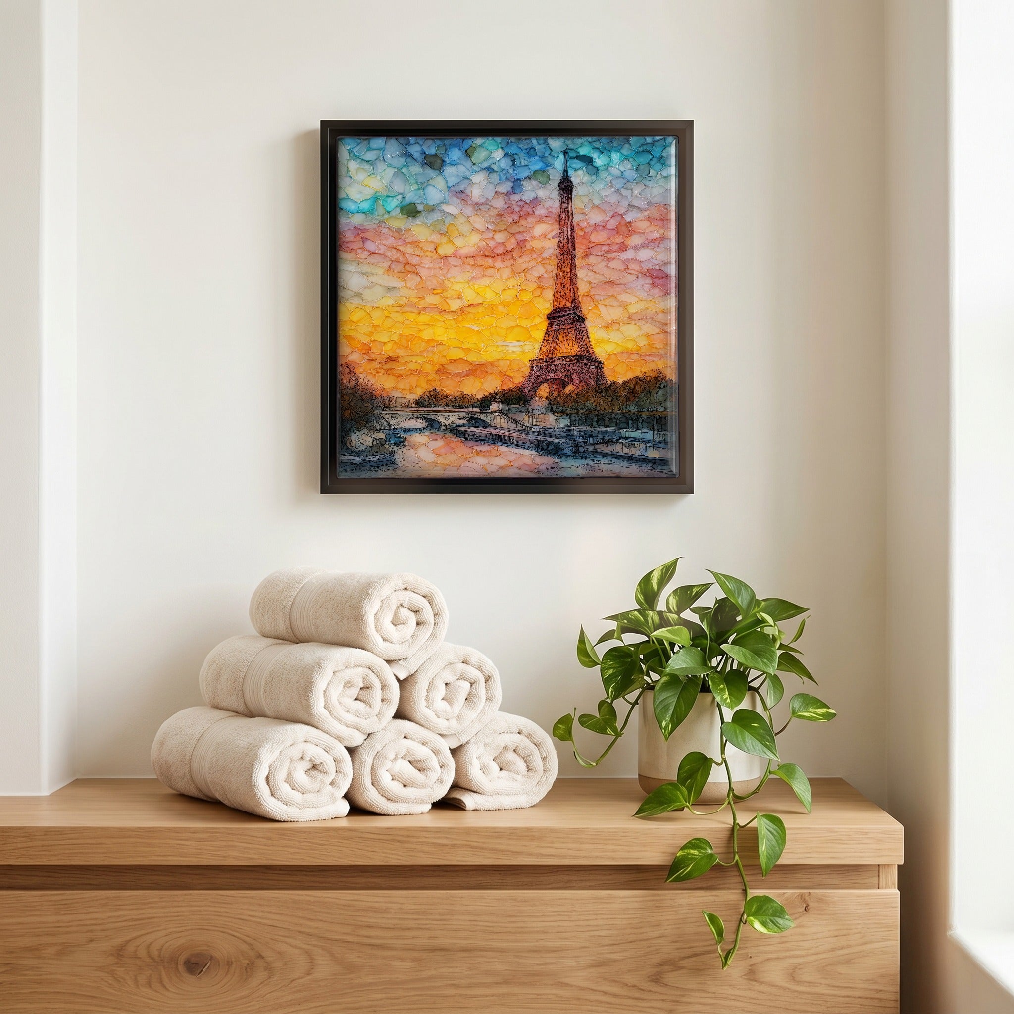Above the linens, in a slim black surround.