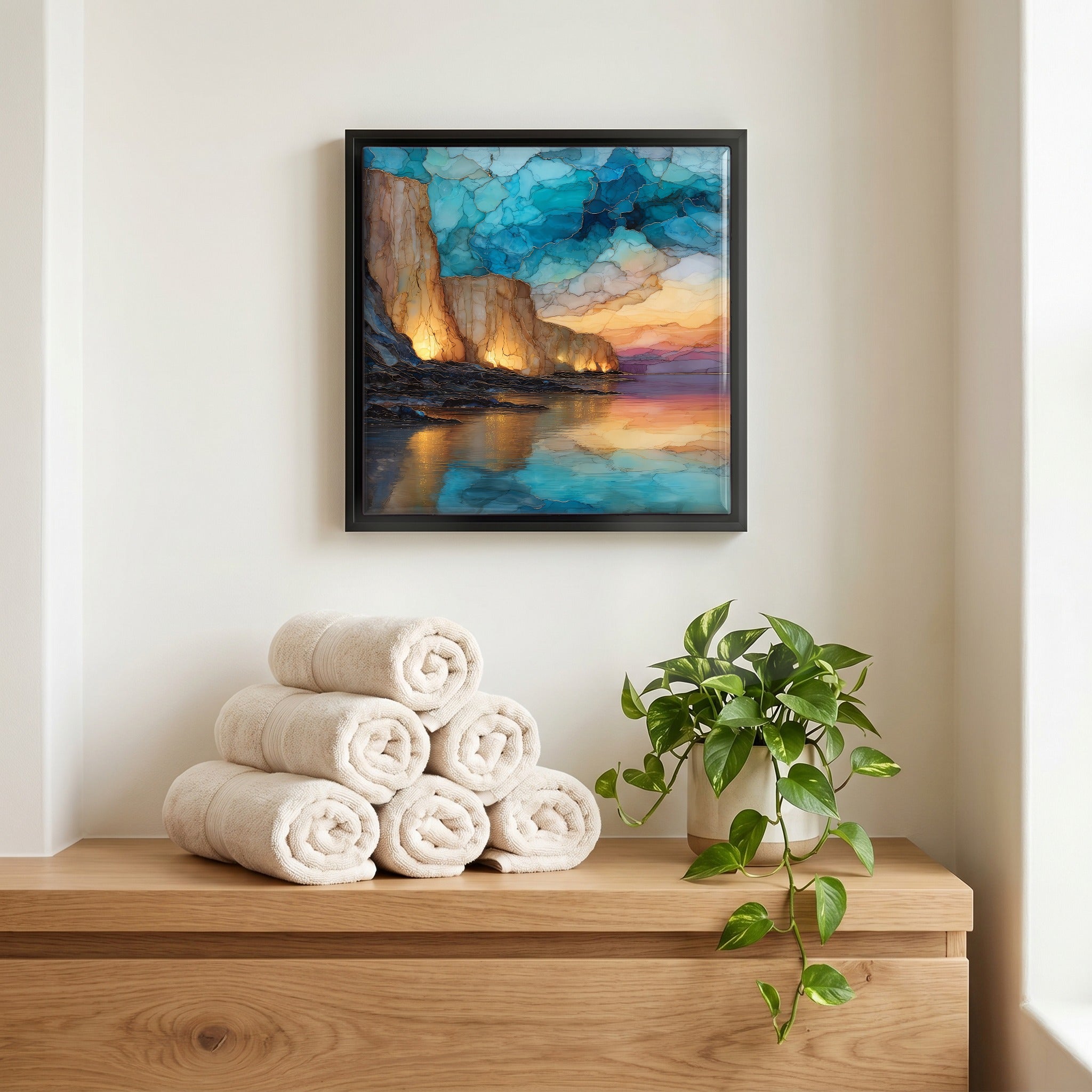 Above the linens, in a slim black surround.
